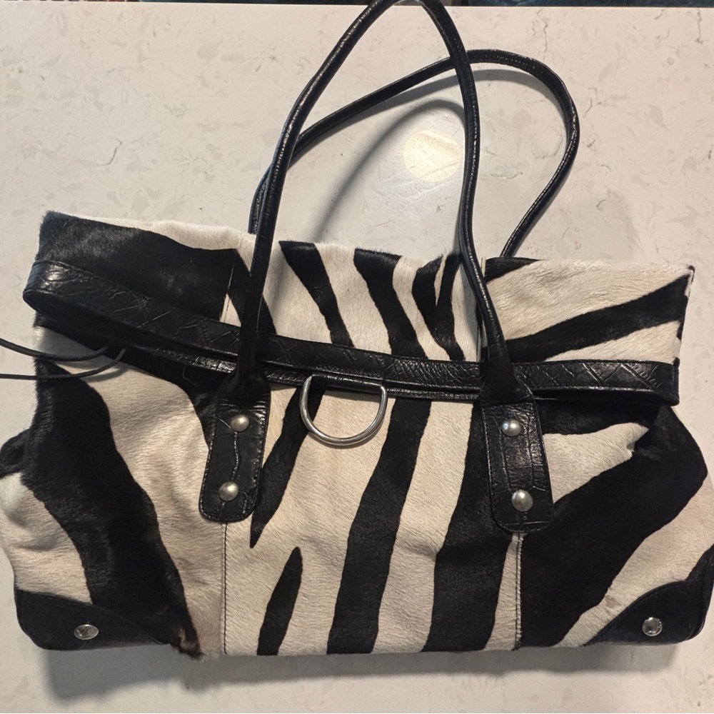 Maurizio Taiuti Italian leather hide large 16x16x6 bag Zebra Y2K